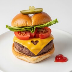 Delicious cheeseburger with heart shaped cheese and pickles on top