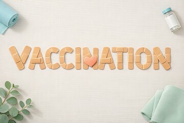 Creative arrangement of adhesive bandages spelling vaccination with a heart symbolizing care and health awareness beside a vaccine vial highlighting the importance of immunization