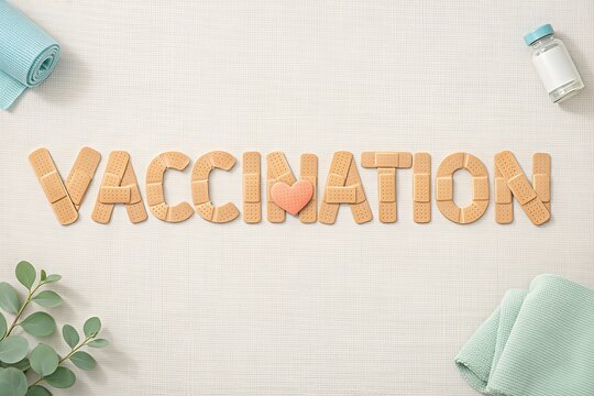 Creative arrangement of adhesive bandages spelling vaccination with a heart symbolizing care and health awareness beside a vaccine vial highlighting the importance of immunization - Powered by Adobe