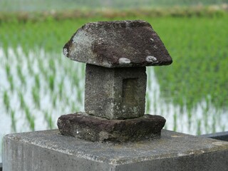 Small Stone Lantern near Rice Paddy in Rural Iwate, Japan