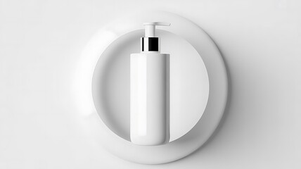 Minimalist white cosmetic pump bottle mockup centered within concentric circular shadows creating a clean abstract product display background