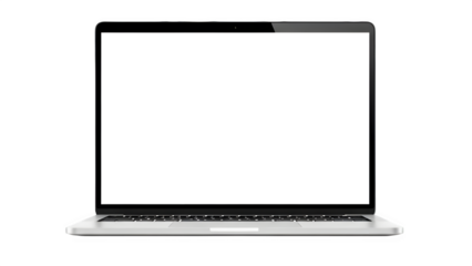 A silver laptop computer with a blank white screen on a black background