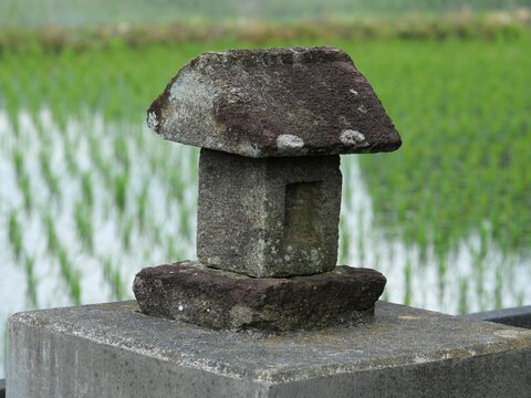 Small Stone Lantern near Rice Paddy in Rural Iwate, Japan