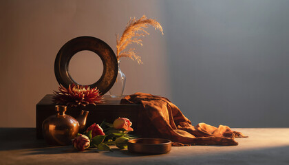 nature morte avec fleur et objet d'art sous une lumi&egrave;re dor&eacute;e