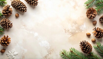 Fototapeta premium Winter Season Holiday Pinecone and Fir Tree Branch Arrangement on a Light Marble Background with Copy Space for Text and Festive Design Elements