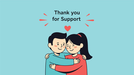 A young cartoon couple hugging affectionately with a red heart above them and text 'Thank you for Support' on a light blue background, showing gratitude.