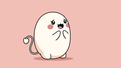 An adorable and shy cartoon creature with blushing cheeks and a devil-like tail, looking anxious or bashful on a plain pink background with copy space.