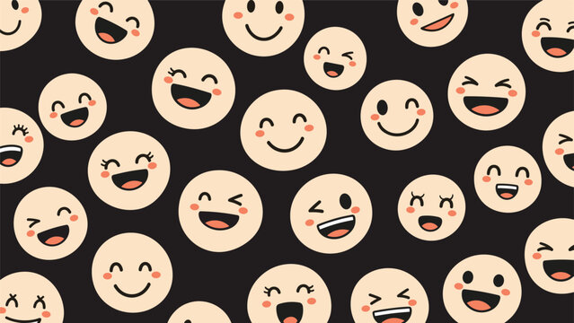 A seamless pattern of cute, hand-drawn smiley faces with various happy and laughing expressions on a black background, creating a cheerful and fun design.