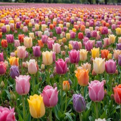 &ldquo;Vibrant Colorful Tulip Field in Full Bloom Under Blue Sky, Endless Rows of Pink Yellow and Orange Tulips in Spring Landscape, Beautiful Flower Farm Countryside Nature Background&rdquo;