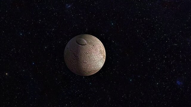 3D view of Charon, Pluto&rsquo;s icy moon, showing surface features, orbit, and rotation.