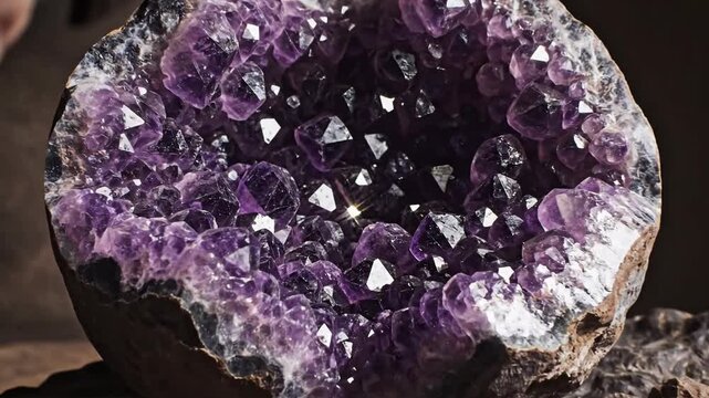 A stunning amethyst geode with sparkling purple crystals