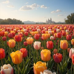 &ldquo;Vibrant Colorful Tulip Field in Full Bloom Under Blue Sky, Endless Rows of Pink Yellow and Orange Tulips in Spring Landscape, Beautiful Flower Farm Countryside Nature Background&rdquo;