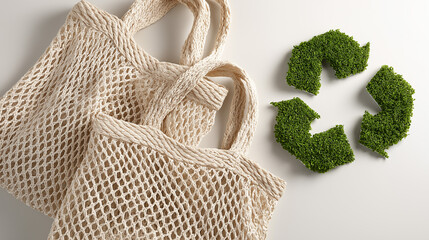 Eco-Friendly Reusable Fabric Shopping Bag with Recycling Symbol &ndash; Zero Waste and Sustainable Lifestyle Concept