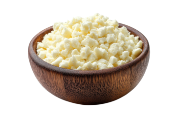 Fresh crumbled cheese in a wooden bowl Healthy dairy ingredient for on transparent background