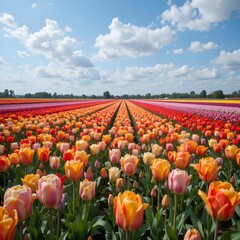 &ldquo;Vibrant Colorful Tulip Field in Full Bloom Under Blue Sky, Endless Rows of Pink Yellow and Orange Tulips in Spring Landscape, Beautiful Flower Farm Countryside Nature Background&rdquo;