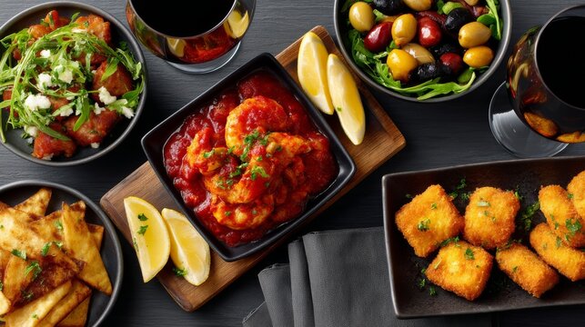 An enticing tapas spread showcasing assorted dishes, garnished with fresh herbs and accompanied by slices of lemon