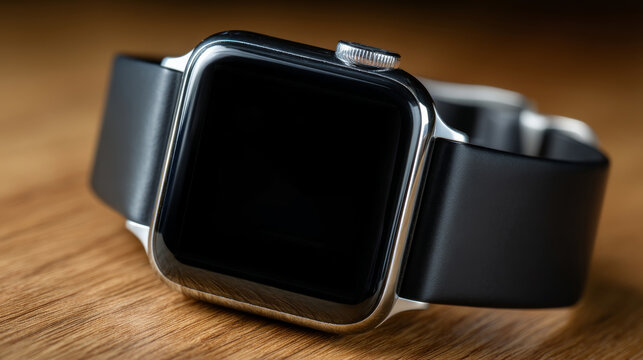 Close-up of a sleek black smartwatch with a metal frame placed on a wooden surface, showcasing modern technology - Powered by Adobe