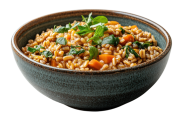 Wholesome savory farro grain bowl vibrant carrots fresh spinach herbs on transparent background