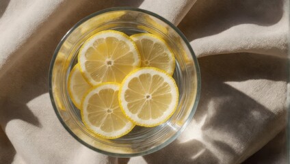 Refreshing Lemon Slices in Glass Bowl on Linen Fabric.