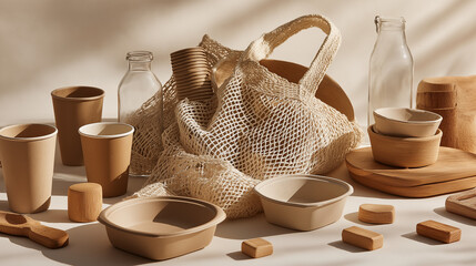 Eco-Friendly Biodegradable Everyday Items &ndash; Zero Waste Lifestyle with Reusable Bag, String Bag and Bottle