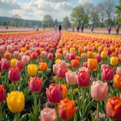 &ldquo;Vibrant Colorful Tulip Field in Full Bloom Under Blue Sky, Endless Rows of Pink Yellow and Orange Tulips in Spring Landscape, Beautiful Flower Farm Countryside Nature Background&rdquo;
