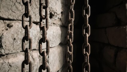 Hanging Chains in a Dark Stone Chamber.