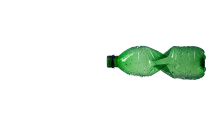 dark green translucent pet bottle dissolving, violently ejecting a vortex of sharp white and blue recycled plastic granules on a high-key studio background. dynamic concept of circularity