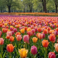 &ldquo;Vibrant Colorful Tulip Field in Full Bloom Under Blue Sky, Endless Rows of Pink Yellow and Orange Tulips in Spring Landscape, Beautiful Flower Farm Countryside Nature Background&rdquo;