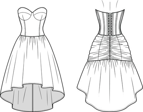 Women strapless high low dress technical drawing, front back view fashion flat sketch, corset bodice formal gown illustration