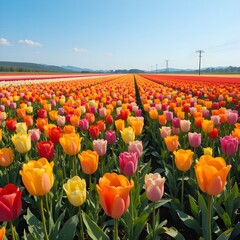 &ldquo;Vibrant Colorful Tulip Field in Full Bloom Under Blue Sky, Endless Rows of Pink Yellow and Orange Tulips in Spring Landscape, Beautiful Flower Farm Countryside Nature Background&rdquo;