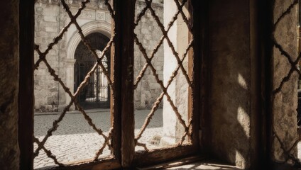 Intricate Iron Window Grille in a Medieval Stone Building.