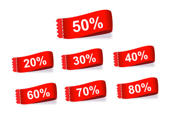 Collection of red discount labels with various percentage values.
