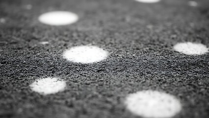 Close up of asphalt road surface with white reflective road markings, gray textured background with blurry white spots, pavement with shiny reflective dots, urban