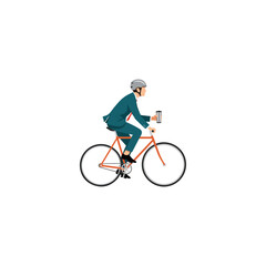Man in Suit Riding Bicycle with Coffee Cup in Hand Commuting to Work Environmentally Friendly Transport Option