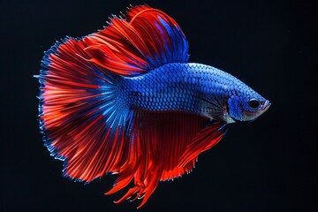 Fototapeta premium Majestic Siamese Fighting Fish (Betta) with flowing red and blue fins on black background.