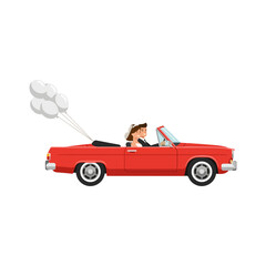 Newlyweds in a Red Convertible Car with Balloons Celebrating Their Wedding Day Driving Away Happiness and Joy
