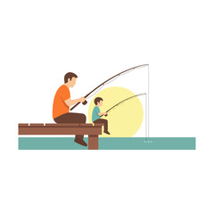 Father and Son Fishing Together on a Wooden Pier Dock with a Yellow Sun in the Background, Relaxing Outdoor Activity