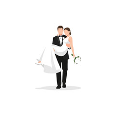 Groom Carries Bride In Arms Holding Bouquet Of Flowers, Wedding Couple, White Background, Vector Illustration