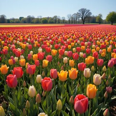&ldquo;Vibrant Colorful Tulip Field in Full Bloom Under Blue Sky, Endless Rows of Pink Yellow and Orange Tulips in Spring Landscape, Beautiful Flower Farm Countryside Nature Background&rdquo;