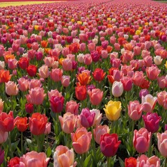 &ldquo;Vibrant Colorful Tulip Field in Full Bloom Under Blue Sky, Endless Rows of Pink Yellow and Orange Tulips in Spring Landscape, Beautiful Flower Farm Countryside Nature Background&rdquo;