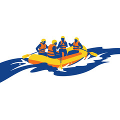 Four Adventurers Rafting Down a Blue River Surrounded by White Water Rapids and Splash, Wearing Yellow Helmets and Orange Life Jackets