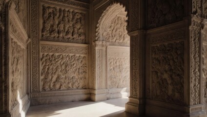 Ornate Carvings and Archway in Ancient Indian Temple Interior.
