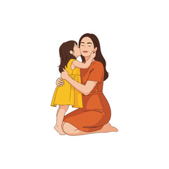 Loving mother and daughter embrace tenderly, child gives a sweet kiss on cheek, heartwarming family moment, close up illustration