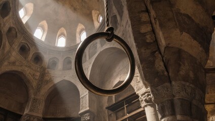 Mystical Ring in Ancient Church Interior with Sunlight.