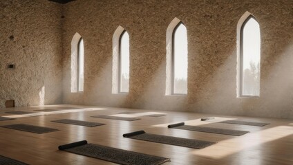 Sunlit Yoga Studio with Arched Windows and Mats.