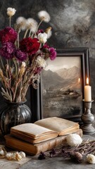 A vintage still life featuring sepia-toned photographs, a candle, dried flowers, and ornate books on a textured surface