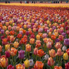 &ldquo;Vibrant Colorful Tulip Field in Full Bloom Under Blue Sky, Endless Rows of Pink Yellow and Orange Tulips in Spring Landscape, Beautiful Flower Farm Countryside Nature Background&rdquo;