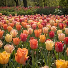 &ldquo;Vibrant Colorful Tulip Field in Full Bloom Under Blue Sky, Endless Rows of Pink Yellow and Orange Tulips in Spring Landscape, Beautiful Flower Farm Countryside Nature Background&rdquo;