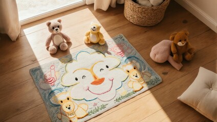 Whimsical Nursery Scene with Teddy Bears and Cloud Rug.