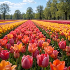 &ldquo;Vibrant Colorful Tulip Field in Full Bloom Under Blue Sky, Endless Rows of Pink Yellow and Orange Tulips in Spring Landscape, Beautiful Flower Farm Countryside Nature Background&rdquo;